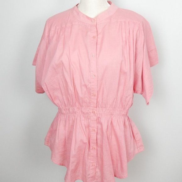 Free People Pink Button Up Short Sleeve Top w/ Gathered Waist Crochet Back Small - Picture 2 of 10